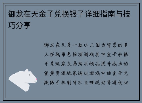 御龙在天金子兑换银子详细指南与技巧分享