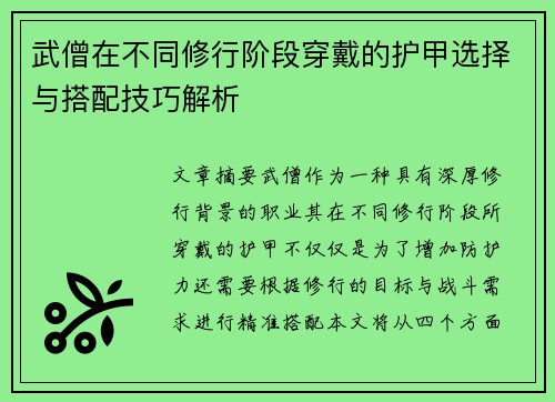 武僧在不同修行阶段穿戴的护甲选择与搭配技巧解析 武僧在不同修行阶段穿戴的护甲选择与搭配技巧解析